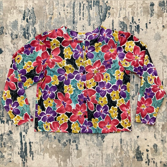 C01 Bridge Gate VTG Satin Top Button Up Blouse Shoulder Pads Floral Medium - Picture 4 of 9